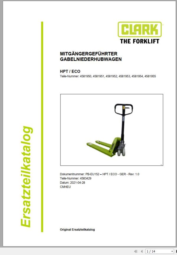 Clark Forklift HPT ECO 4581950 4581955 Parts Manual 4583429 PB EU152 04.2021 DE