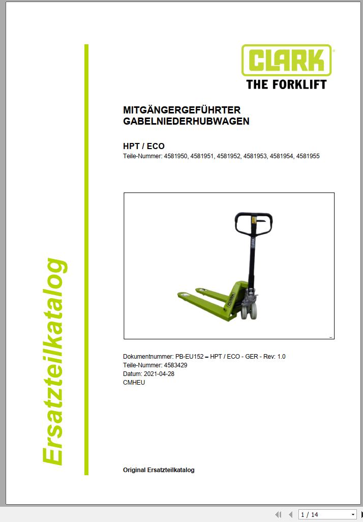 Clark Forklift HPT ECO 4581950 4581955 Parts Manual 4583429 PB EU152 04.2021 DE