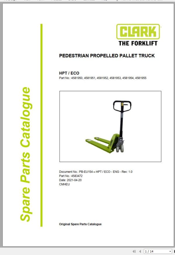 Clark Forklift HPT ECO 4581950 4581955 Parts Manual 4583472 PB EU154 04.2021
