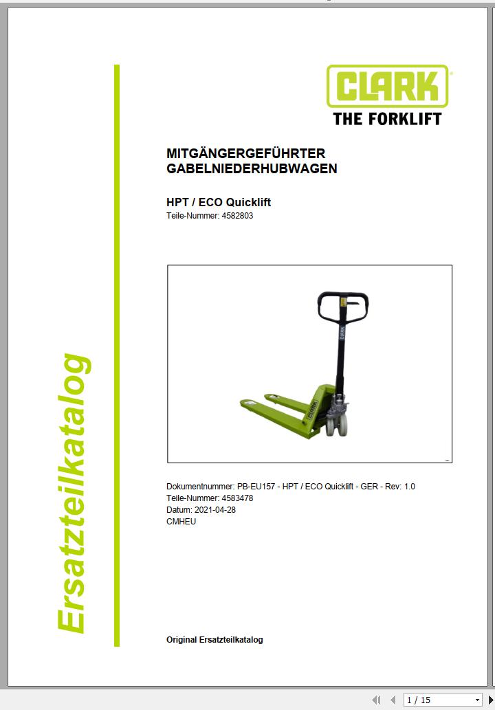Clark Forklift HPT ECO Quicklift 4582803 Parts Manual 4583478 PB EU158 04.2021 DE