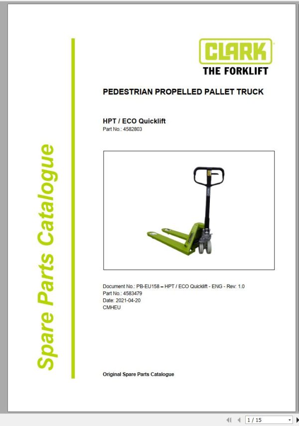 Clark Forklift HPT ECO Quicklift 4582803 Parts Manual 4583479 PB EU158 04.2021