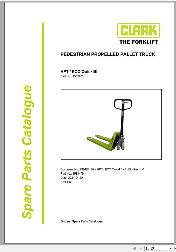Clark Forklift HPT ECO Quicklift 4582803 Parts Manual 4583479 PB EU158 04.2021