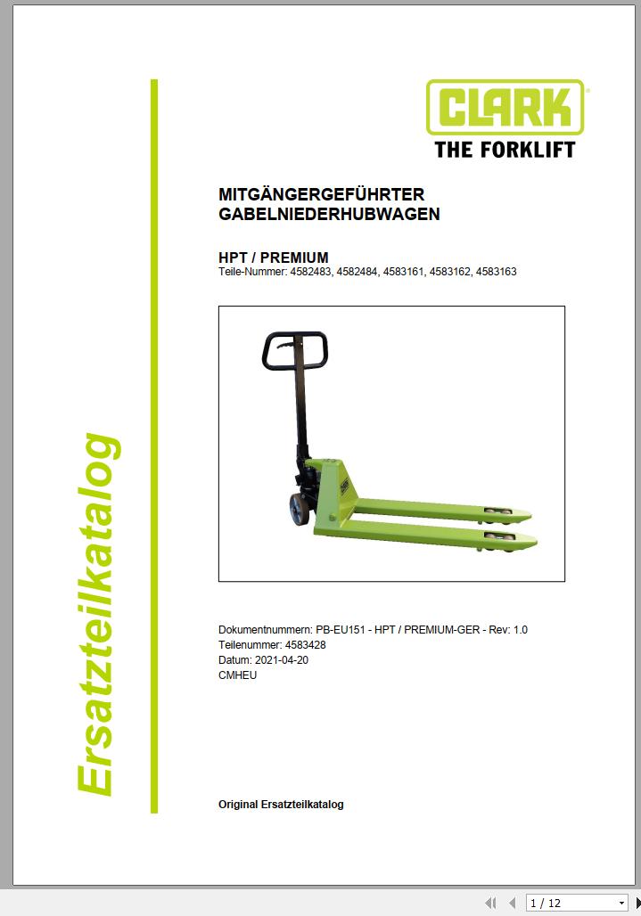 Clark Forklift HPT PREMIUM 4582483 4583163 Parts Manual 4583428 PB EU151 04.2021 DE