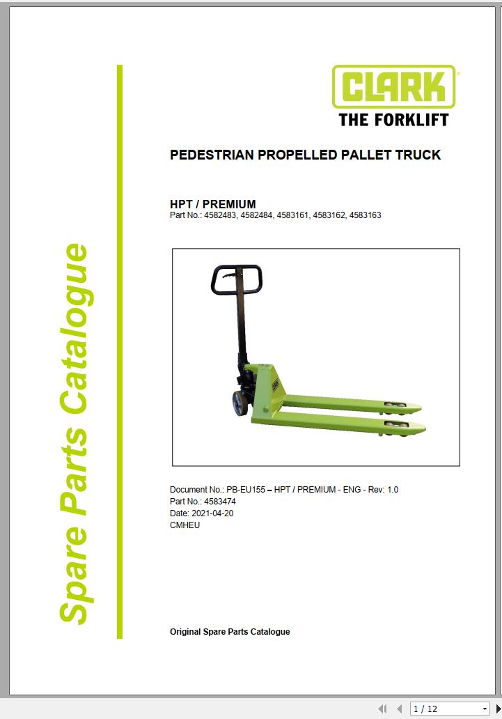 Clark Forklift HPT PREMIUM 4582483 4583163 Parts Manual 4583474 PB EU155 04.2021