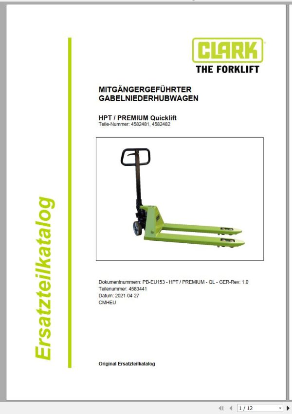Clark Forklift HPT PREMIUM Quicklift 4582481 4582482 Parts Manual 4583441 PB EU153 04.2021 DE
