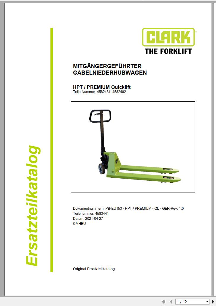 Clark Forklift HPT PREMIUM Quicklift 4582481 4582482 Parts Manual 4583441 PB EU153 04.2021 DE