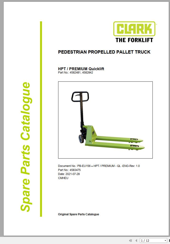 Clark Forklift HPT PREMIUM Quicklift 4582481 4582842 Parts Manual 4583475 PB EU156 07.2021
