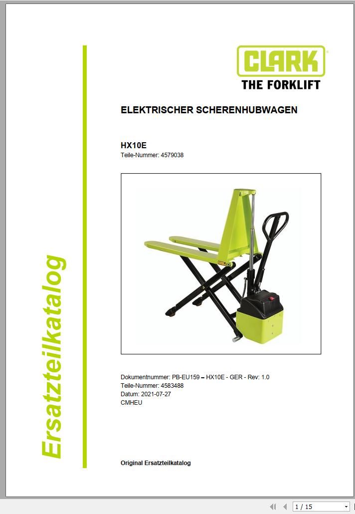 Clark Forklift HX10E 4579038 Parts Manual 4583488 PB EU159 07.2021 DE