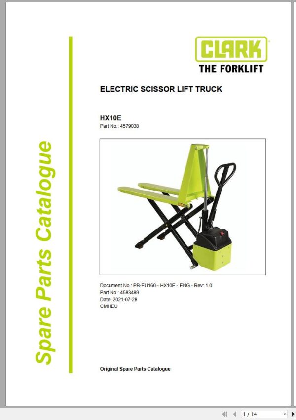 Clark Forklift HX10E 4579038 Parts Manual 4583489 PB EU160 07.2021