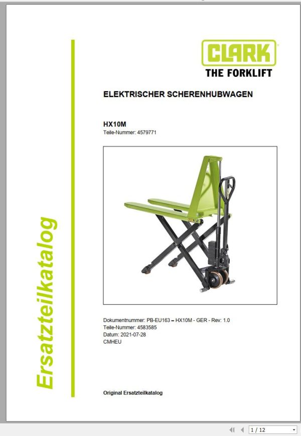 Clark Forklift HX10M 4579771 Parts Manual 4583585 PB EU163 07.2021 DE