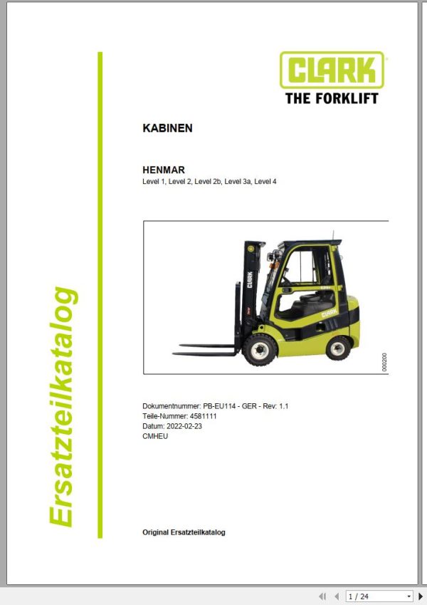 Clark Forklift Level 1 Level 4 Cabin Parts Manual 4581111 PB EU114 02.2022 DE
