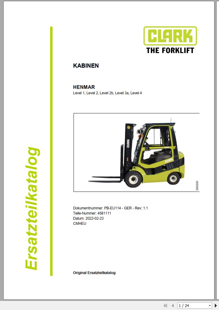 Clark Forklift Level 1 Level 4 Cabin Parts Manual 4581111 PB EU114 02.2022 DE