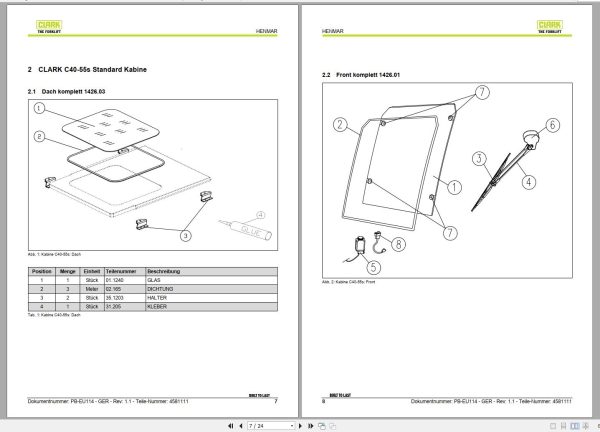 Clark Forklift Level 1 Level 4 Cabin Parts Manual 4581111 PB EU114 02.2022 DE 1