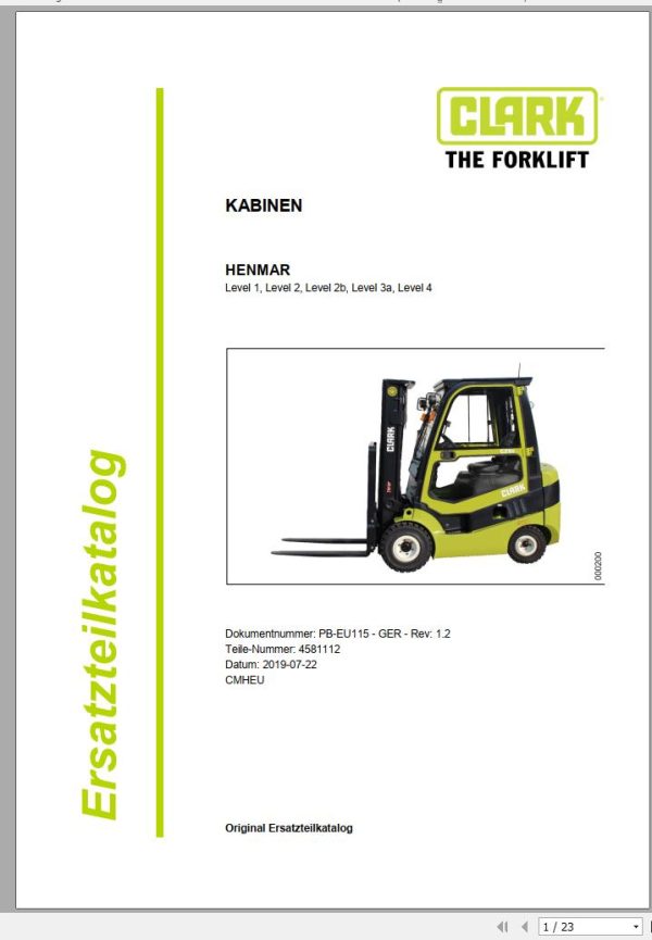 Clark Forklift Level 1 Level 4 Cabin Parts Manual 4581112 PB EU115 07.2019 DE