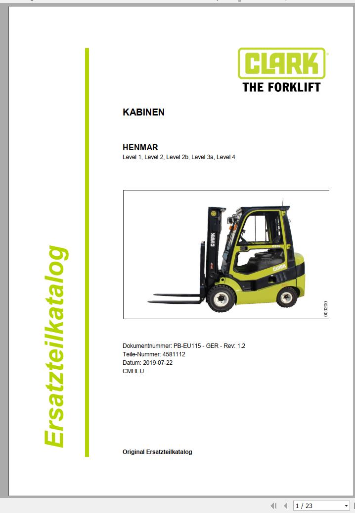Clark Forklift Level 1 Level 4 Cabin Parts Manual 4581112 PB EU115 07.2019 DE