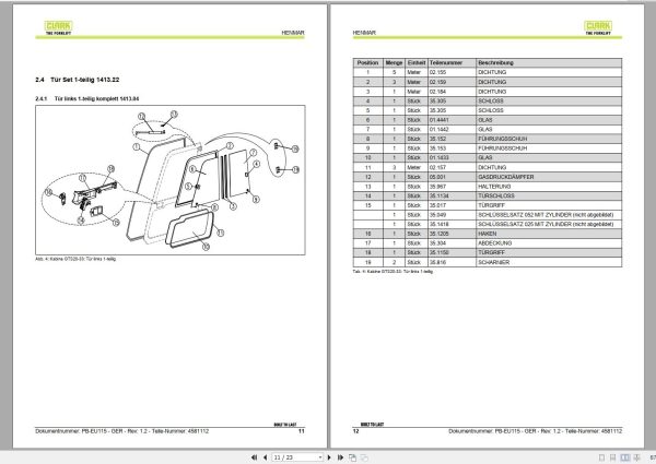 Clark Forklift Level 1 Level 4 Cabin Parts Manual 4581112 PB EU115 07.2019 DE 1