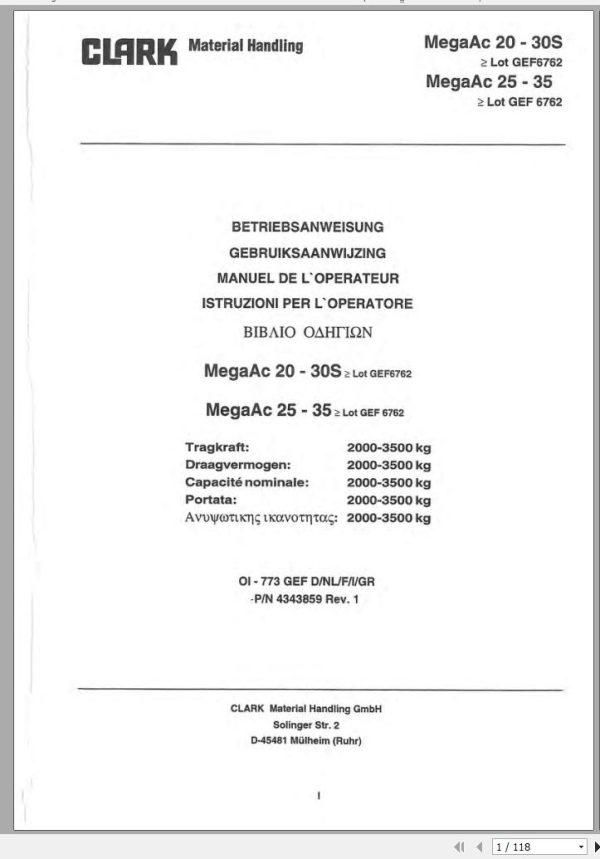 Clark Forklift MegaAc 20 35 GEF 6762 Operator Manual 4343859 OI 773 GEF DE NL FR IT GR