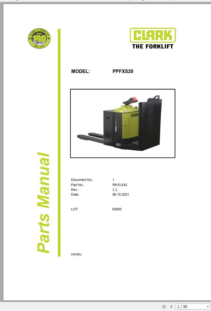 Clark Forklift PPFXS20 83000 Parts Manual PB EU142 06.2021