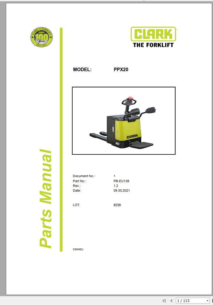 Clark Forklift PPX20 8258 Parts Manual PB EU138 09.2021