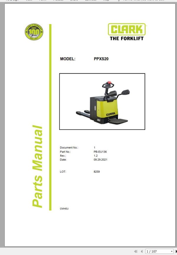 Clark Forklift PPXS20 8259 Parts Manual PB EU136 09.2021