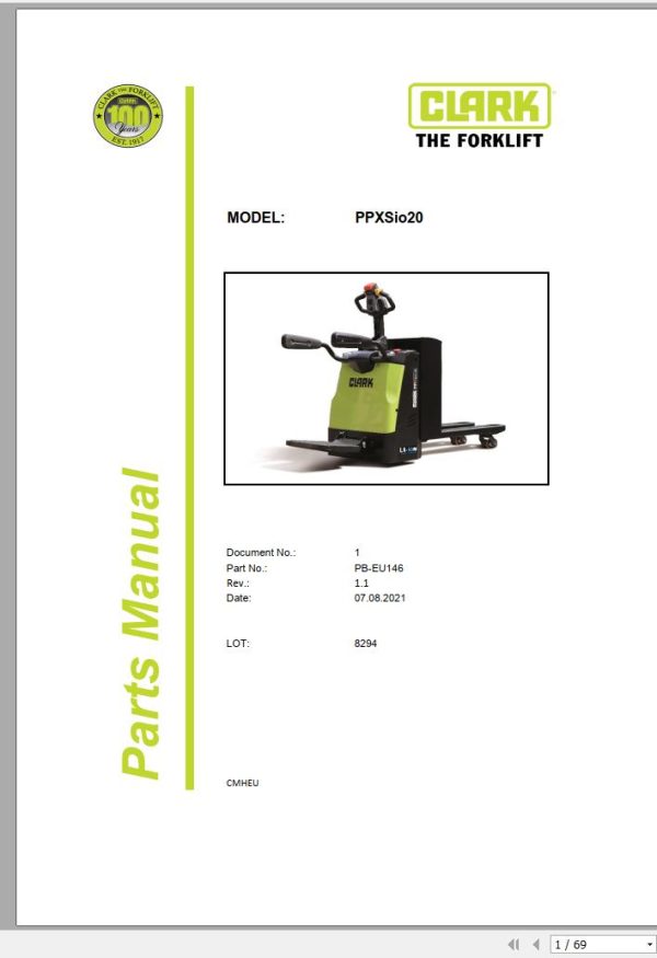 Clark Forklift PPXSio20 8294 Parts Manual PB EU146 07.2021