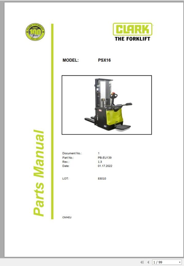 Clark Forklift PSX16 83010 Parts Manual PB EU139 01.2022