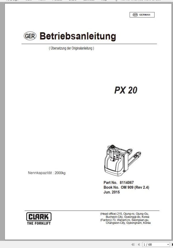 Clark Forklift PX 20 Operator Manual 8114067 OM 909 06.2015 DE