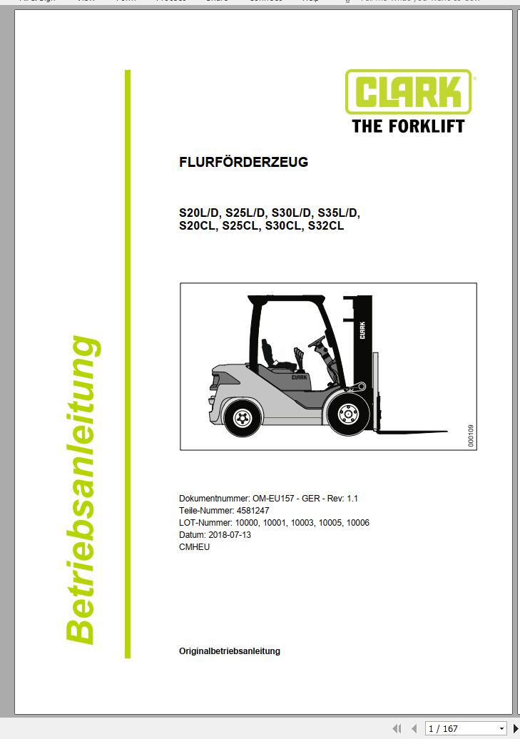 Clark Forklift S20 S32 L D CL 10000 10006 Operator Manual 4581247 OM EU157 07.2018 DE