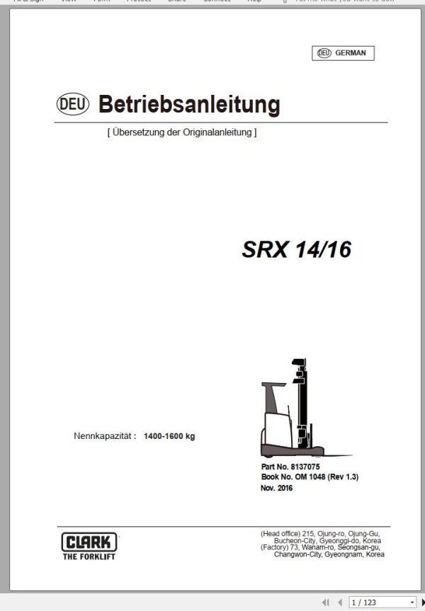 Clark Forklift SRX 14 16 Operator Manual 8137075 OM 1048 11.2016 DE
