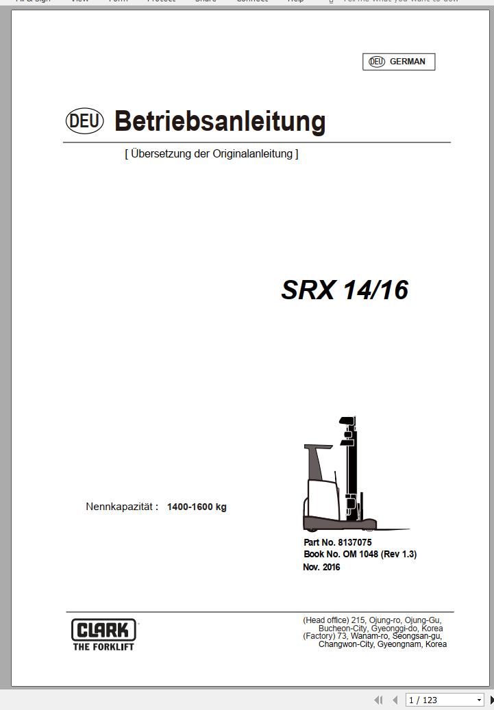 Clark Forklift SRX 14 16 Operator Manual 8137075 OM 1048 11.2016 DE