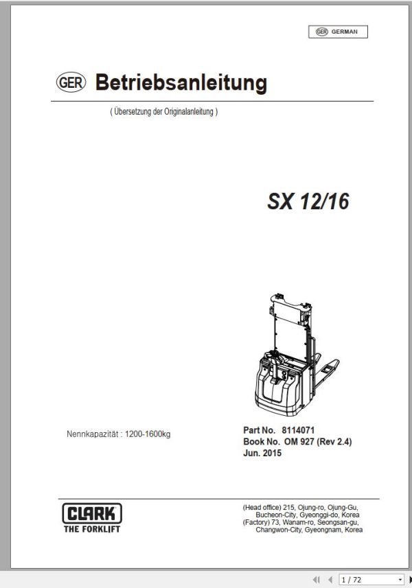 Clark Forklift SX 12 16 Operator Manual 8114071 OM 927 06.2015 DE