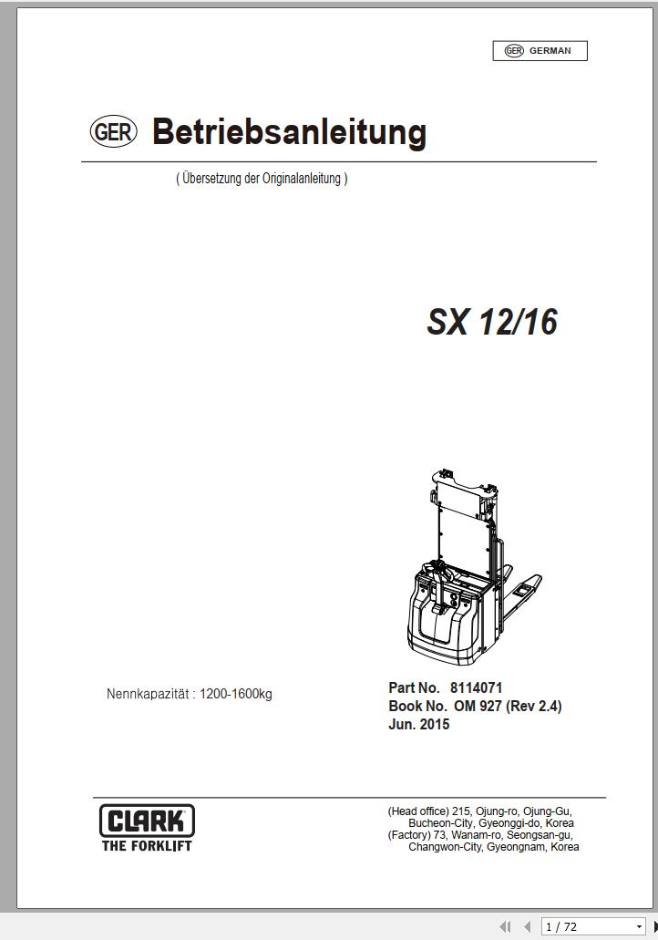 Clark Forklift SX 12 16 Operator Manual 8114071 OM 927 06.2015 DE