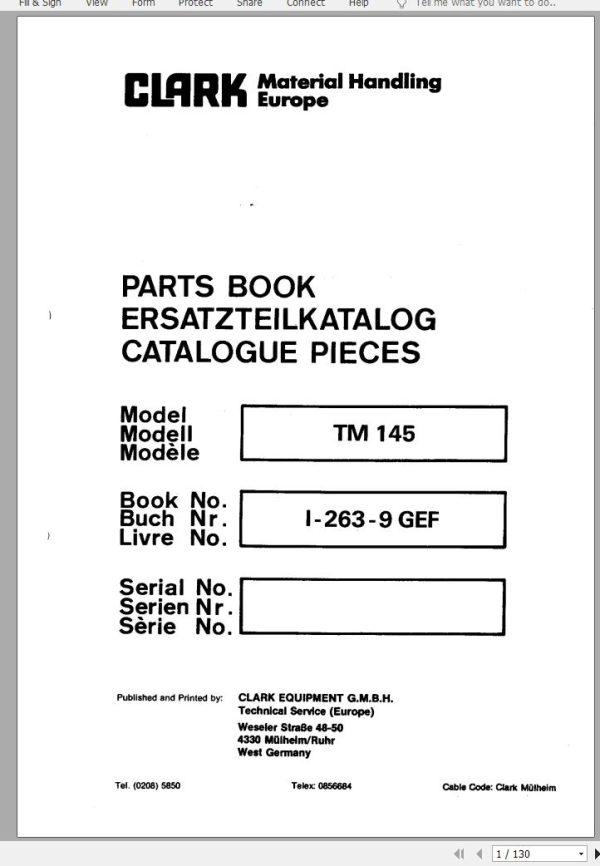 Clark Forklift TM 145 Parts Manual I 263 9 GEF EN DE FR