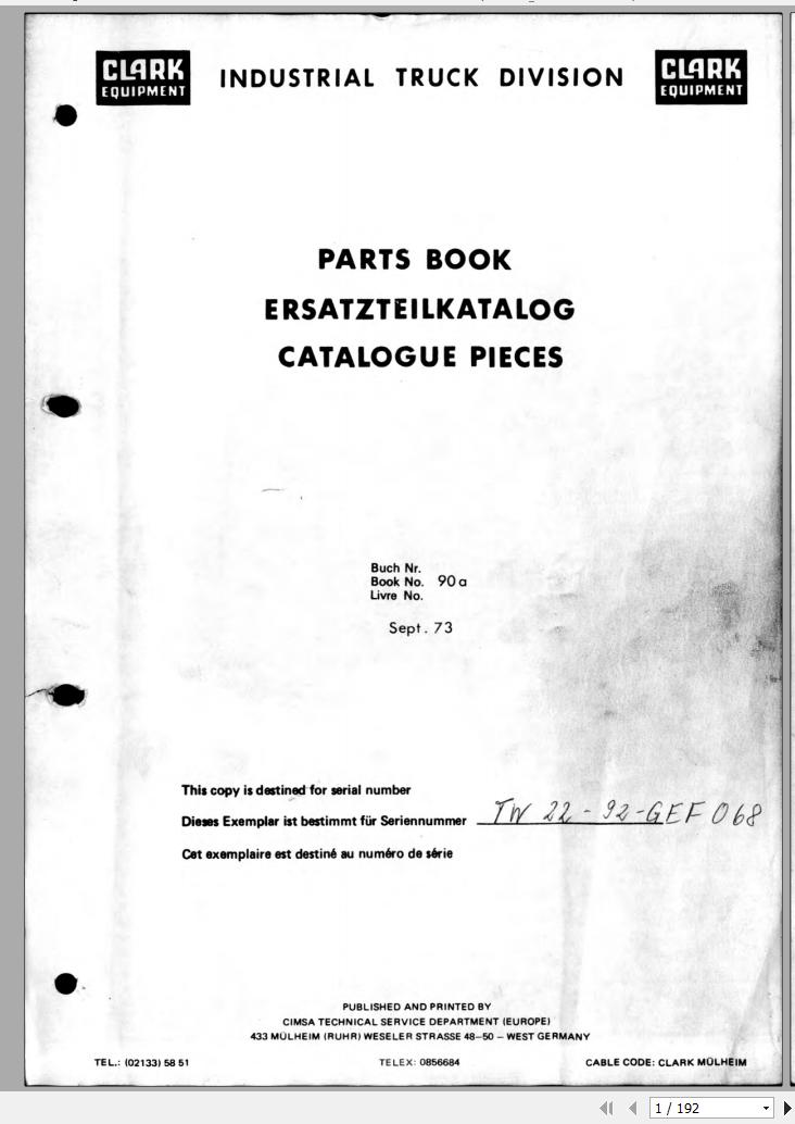 Clark Forklift TW 22 92 GEF 068 Parts Manual EN DE FR