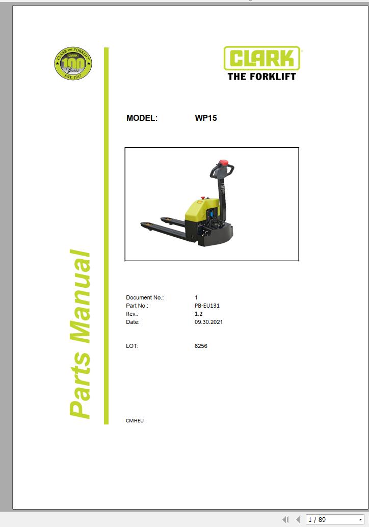 Clark Forklift WP15 8256 Parts Manual PB EU131 09.2021