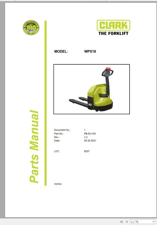 Clark Forklift WPX18 8257 Parts Manual PB EU140 09.2021