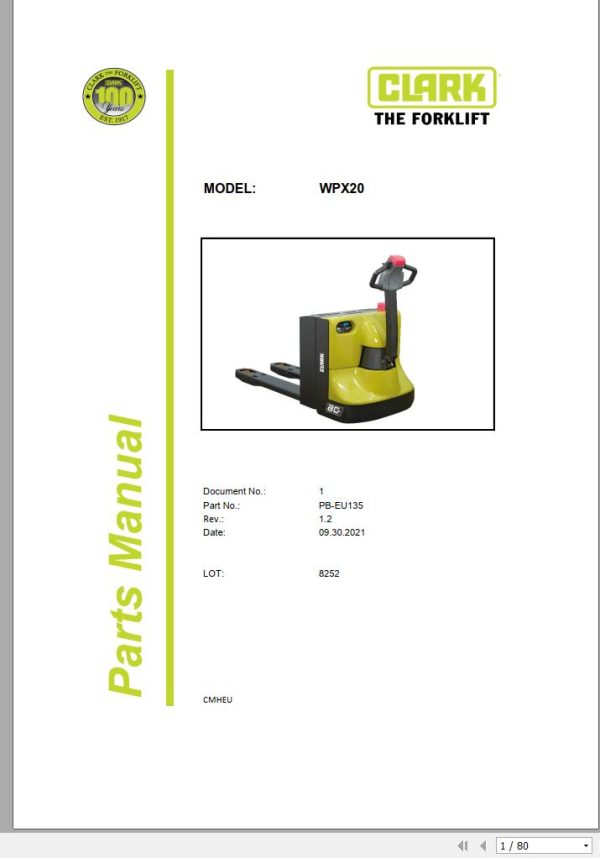 Clark Forklift WPX20 8252 Parts Manual PB EU135 09.2021