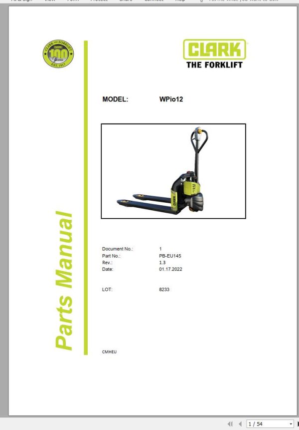 Clark Forklift WPio12 8233 Parts Manual PB EU145 01.2022
