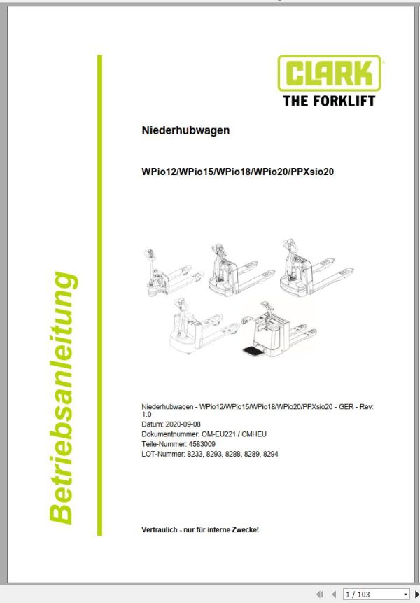 Clark Forklift WPio12 WPio20 PPXsio20 8233 8294 Operator Manual 4583009 OM EU221 09.2020 DE