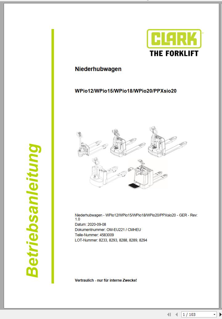 Clark Forklift WPio12 WPio20 PPXsio20 8233 8294 Operator Manual 4583009 OM EU221 09.2020 DE