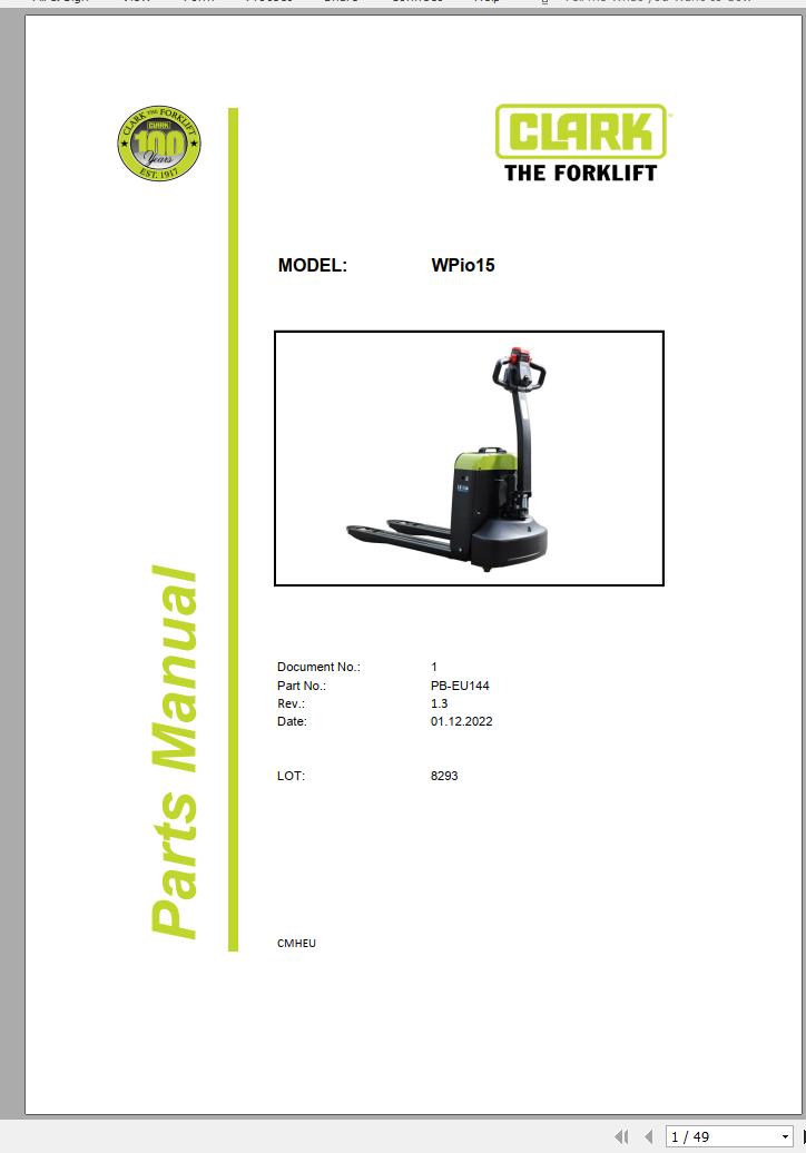 Clark Forklift WPio15 8293 Parts Manual PB EU144 01.2022