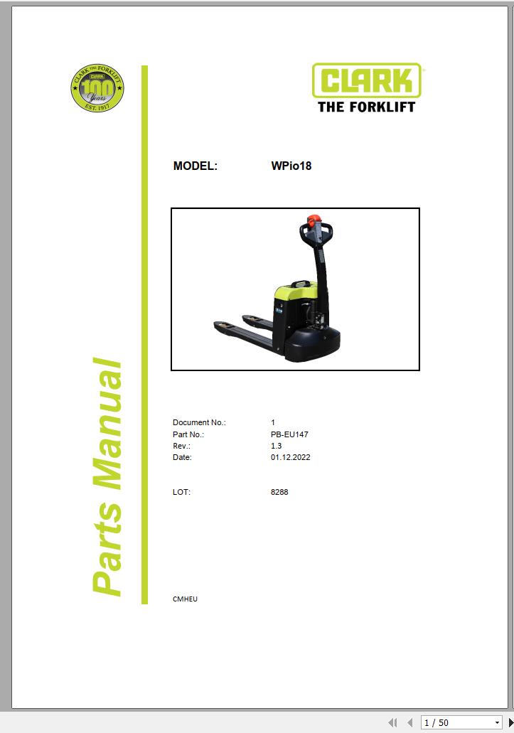 Clark Forklift WPio18 8288 Parts Manual PB EU147 01.2022