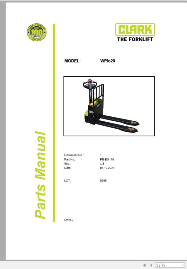 Clark Forklift WPio20 8289 Parts Manual PB EU148 01.2021