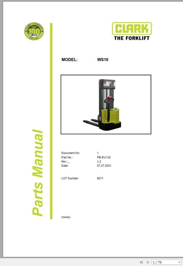 Clark Forklift WS10 8271 Parts Manual PB EU132 07.2021