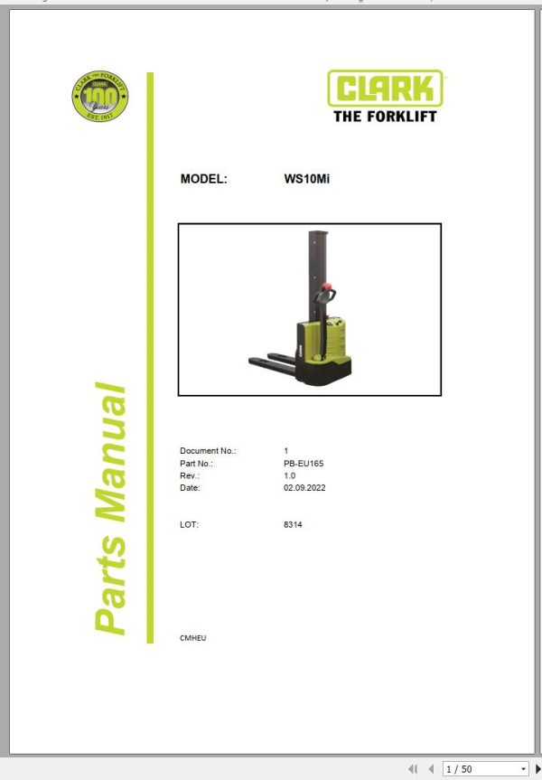 Clark Forklift WS10Mi 8314 Parts Manual PB EU165 02.2022