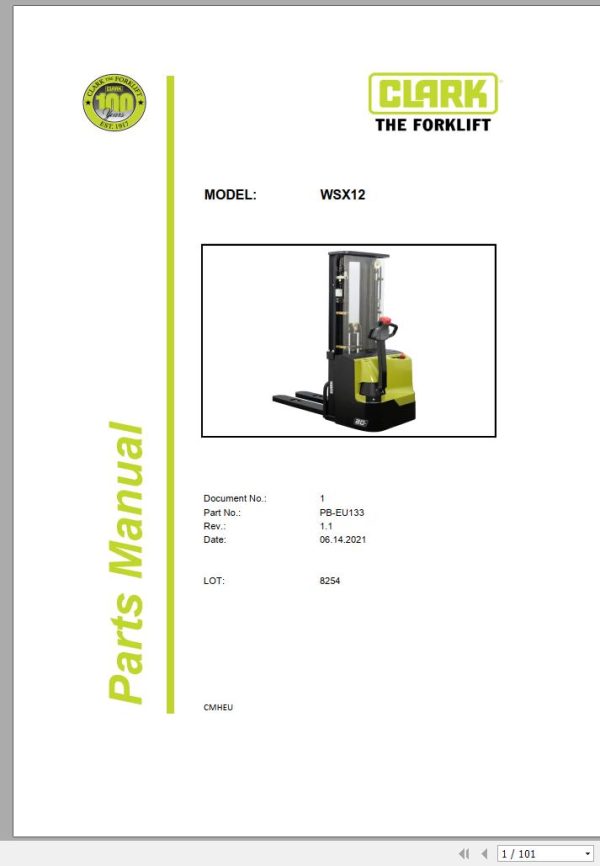 Clark Forklift WSX12 8254 Parts Manual PB EU133 06.2021