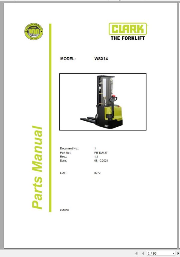 Clark Forklift WSX14 8272 Parts Manual PB EU137 06.2021