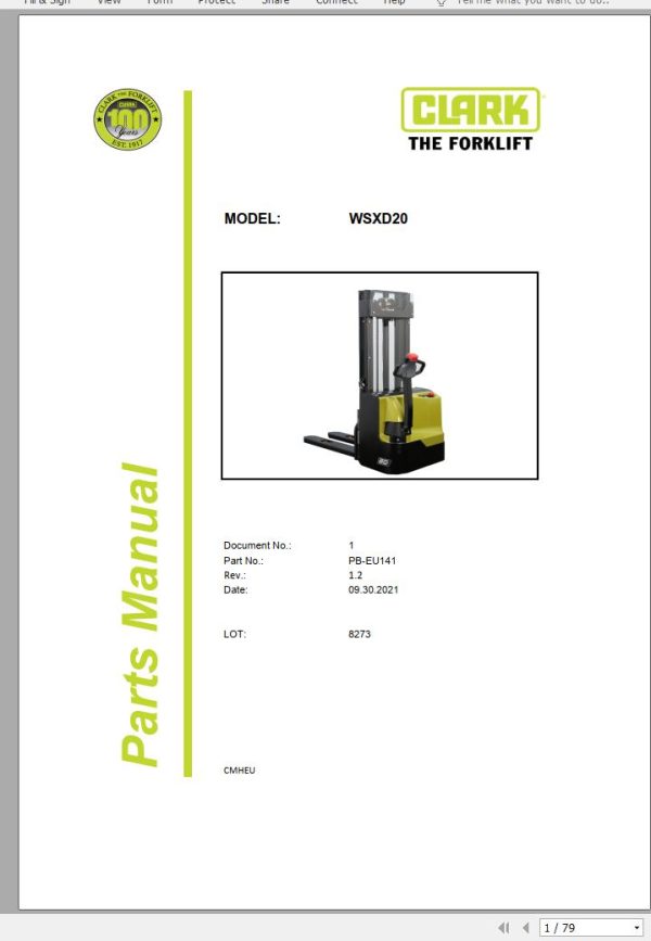 Clark Forklift WSXD20 8273 Parts Manual PB EU141 09.2021