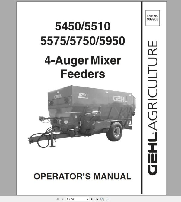 Gehl 4 Auger Mixer Feeders MF5450 MF5510 MF5575 MF5750 MF5950 Operators Manual 909906 1