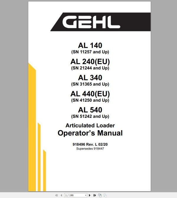 Gehl Articulated Loader AL140 AL240EU AL340 AL440EU AL540 Operators Manual 918496 1